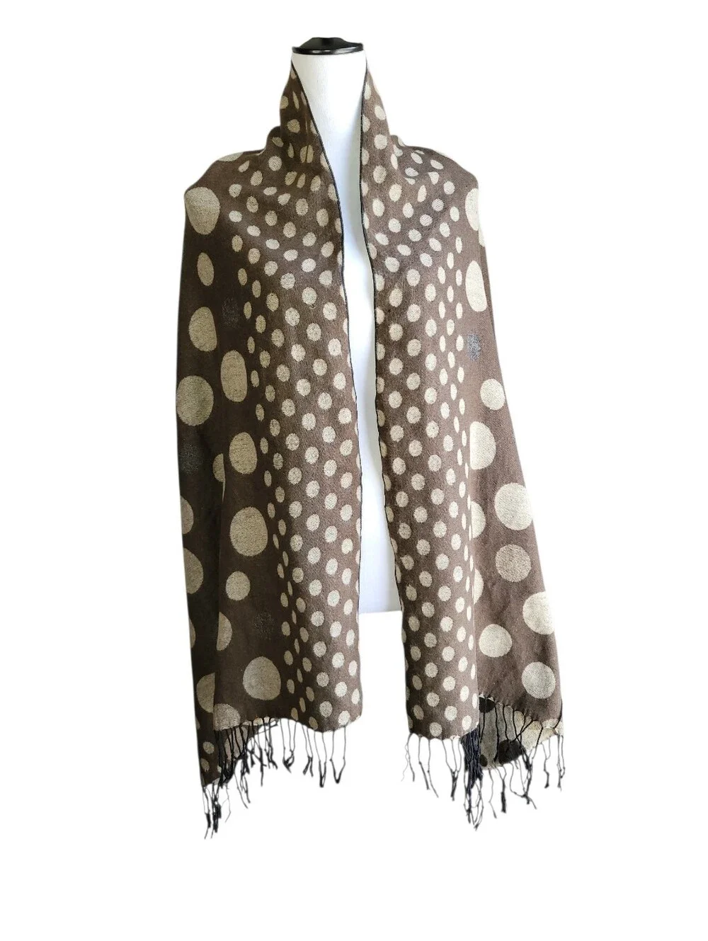 Reversible Brown and Tan Polka Dot Fringe Scarf/Wrap -26